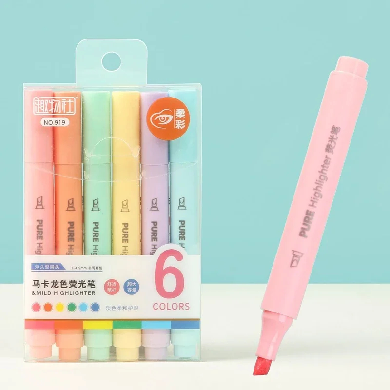 Highlighter Set Pastel - 6 Stück/Set Macaron-Farbige Pastell-Textmarker Stifte Fluoreszierende